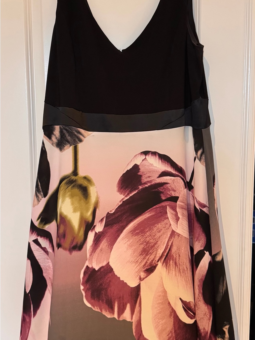 le chateau Black Bodice Strapless Dress with Pink Floral Skirt